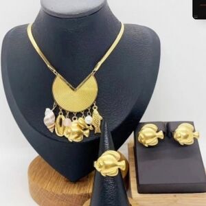 Gold Fish Pendant Necklace and Earring Set